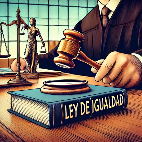Ilustración simbólica de la aplicación de leyes contra el acoso laboral en la administración pública. Muestra un mazo de juez golpeando un libro legal titulado 'Ley de Igualdad', con una oficina gubernamental de fondo.