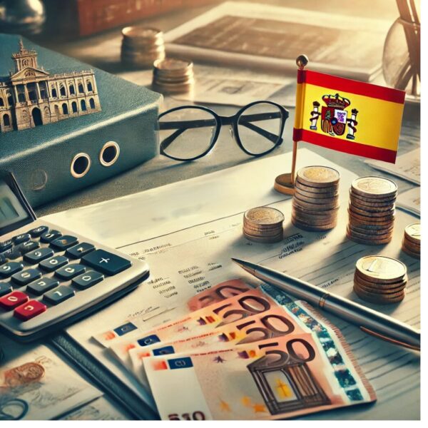 Mesa con billetes y monedas de euro, bandera de España, calculadora y documentos oficiales, representando el proceso presupuestario nacional.
