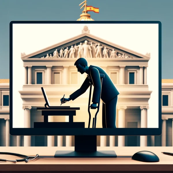 Persona con muletas firmando un contrato en una oficina, con el edificio del Senado al fondo, simbolizando la reforma laboral sobre incapacidad permanente.