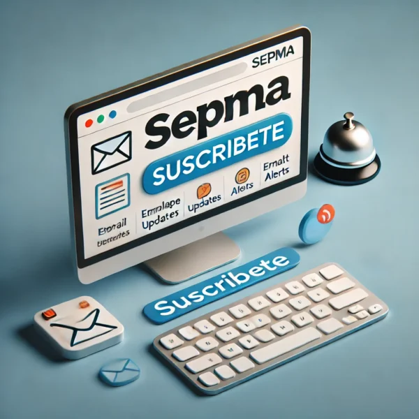 Pantalla de ordenador mostrando la web de SEPMA con un botón de “Suscríbete”, junto a iconos de notificación y correo.