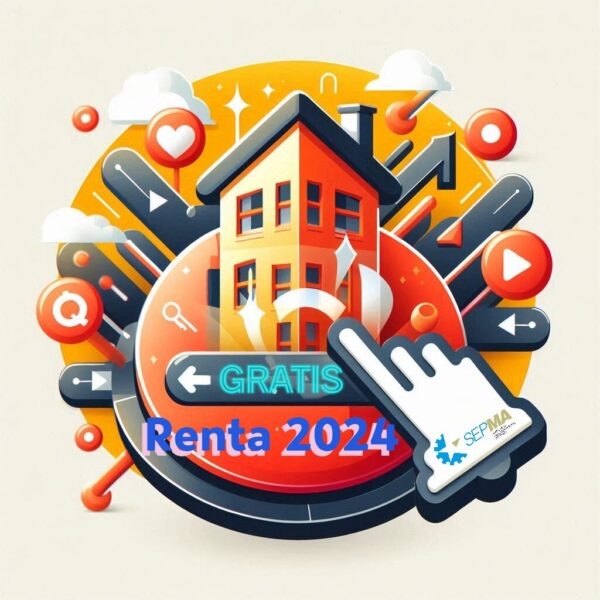 Imagen ilustrativa de un edificio con iconos digitales y texto "Renta 2024 Gratis", con el logotipo de SEPMA ofreciendo ayuda gratuita para la declaración de la renta 2024.