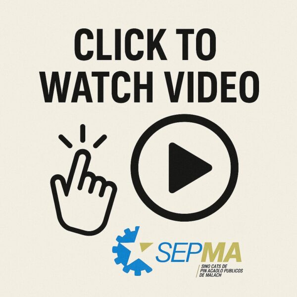 Icono de clic y botón de reproducción con el logotipo del sindicato SEPMA, invitando a ver un vídeo informativo.