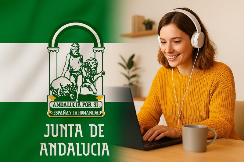 Mujer joven teletrabajando con auriculares frente a un portátil, junto a la bandera institucional de la Junta de Andalucía