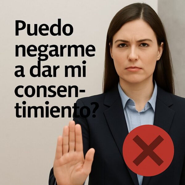Mujer con gesto de negativa representando el rechazo al consentimiento en el entorno laboral