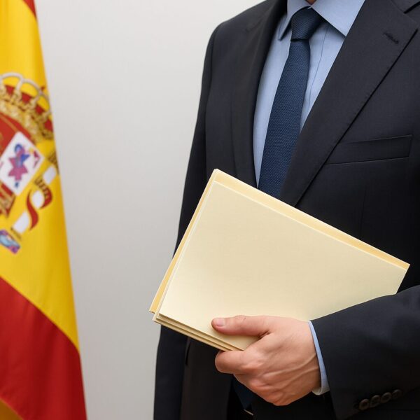Funcionario del Gobierno de España con traje y documentos oficiales frente a la bandera española