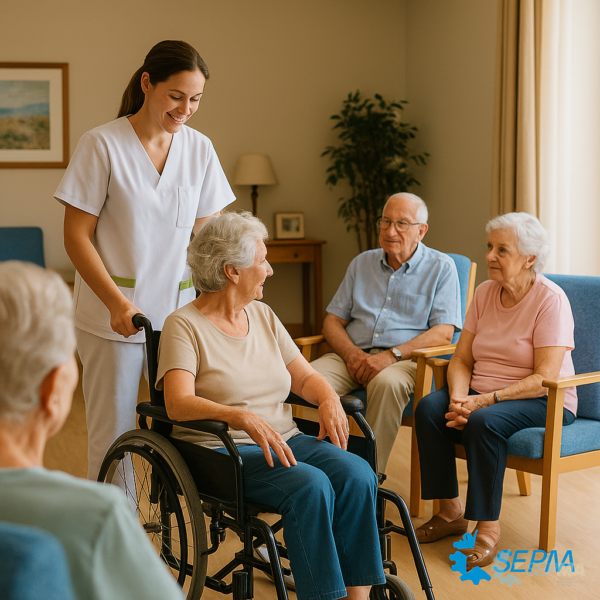 Auxiliar sanitaria acompañando a personas mayores en un centro asistencial durante el verano.