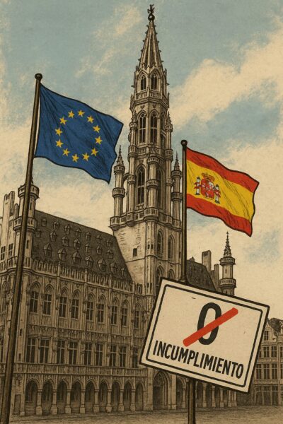 Edificio simbólico de Bruselas con banderas de Europa y España, junto a un cartel de incumplimiento
