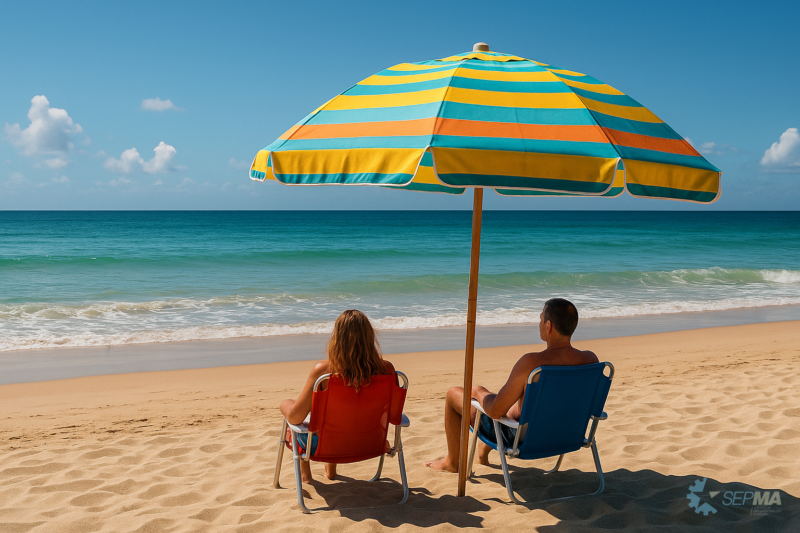 Pareja disfrutando de sus vacaciones bajo una sombrilla en la playa, simbolizando el derecho al descanso del personal público en agosto.