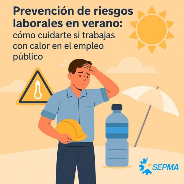 Ilustración de un trabajador público afectado por el calor, con casco en la mano, botella de agua y símbolos de prevención bajo el sol, acompañado del logo de SEPMA.