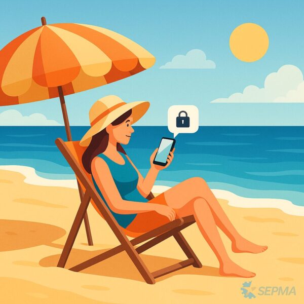 Ilustración de una mujer en la playa usando el móvil bajo una sombrilla, con un icono de candado que representa la protección de datos personales en vacaciones.