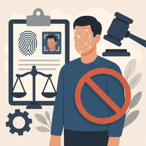 Ilustración sobre sentencia judicial contra control biométrico en el Ayuntamiento de Marbella, con símbolos de justicia y prohibición.