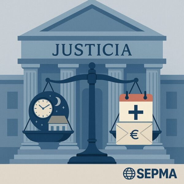 Ilustración institucional con balanza de la justicia, reloj nocturno, calendario festivo y nómina, representando el fallo del Tribunal Supremo sobre salario en noches y festivos.