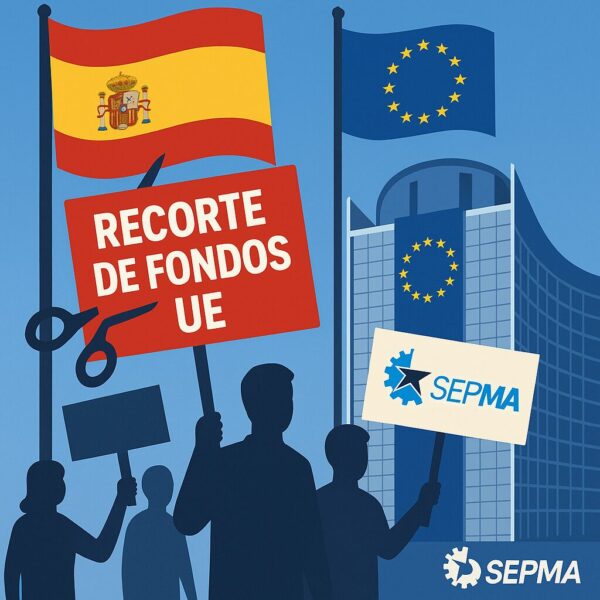 Ilustración de protesta sindical frente a la Comisión Europea con carteles sobre el recorte de fondos de la UE y logo de SEPMA
