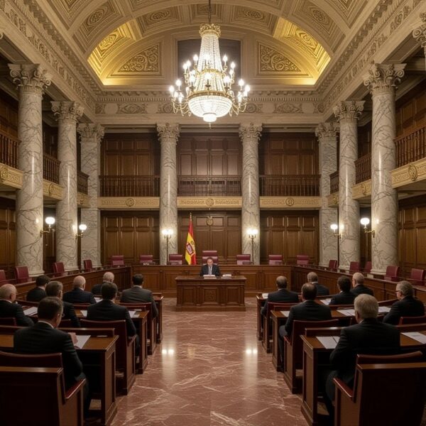 Interior de un tribunal español con jueces reunidos y la bandera de España al fondo.