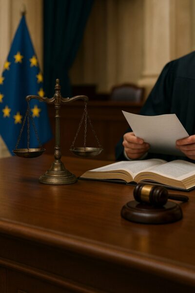 Balanza de justicia, libro abierto y mazo en un tribunal con la bandera de la Unión Europea.