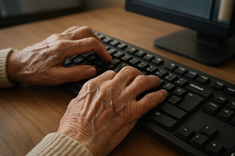 Manos de una persona mayor escribiendo en un teclado de ordenador