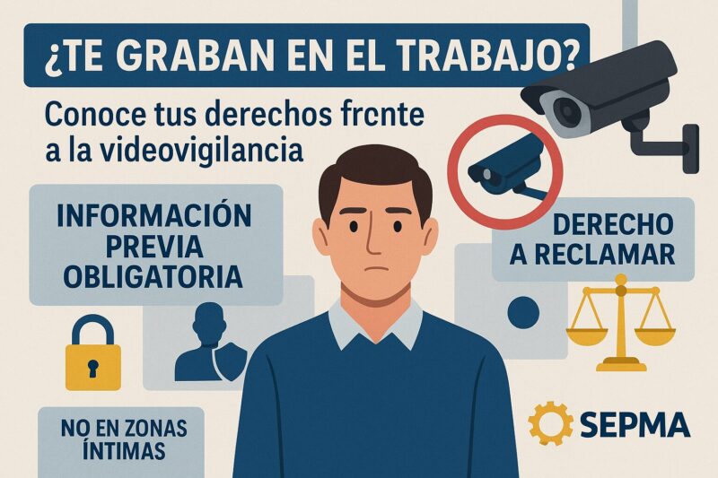 Ilustración sindical con persona trabajadora y cámara de vigilancia, destacando derechos laborales como la información previa, la intimidad, la protección de datos y el derecho a reclamar.