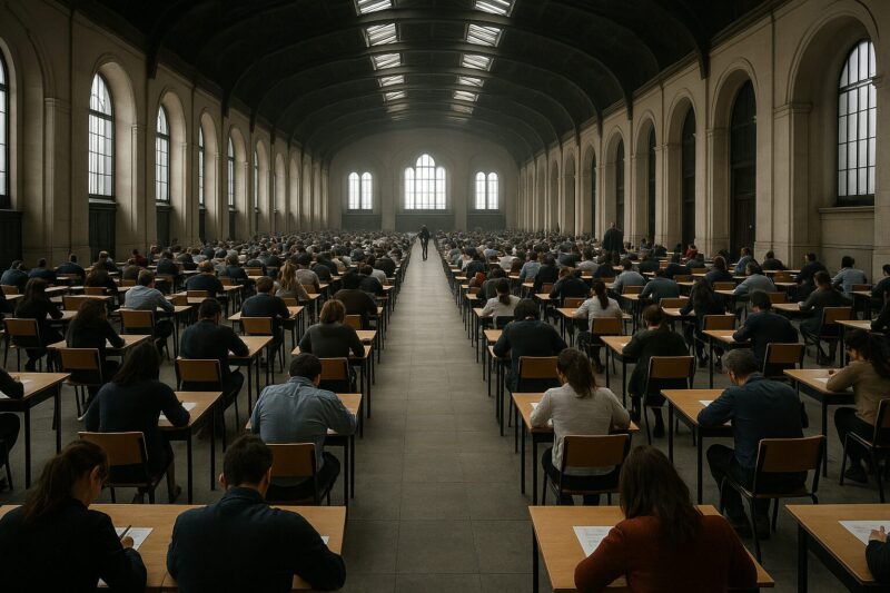 Gran sala universitaria con techo alto y cientos de personas realizando un examen de oposiciones.