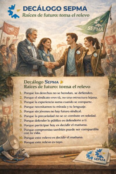 Hombres y mujeres sindicalistas jóvenes y veteranos dándose la mano en un relevo generacional que simboliza la unidad y la lucha sindical de SEPMA por el empleo público.