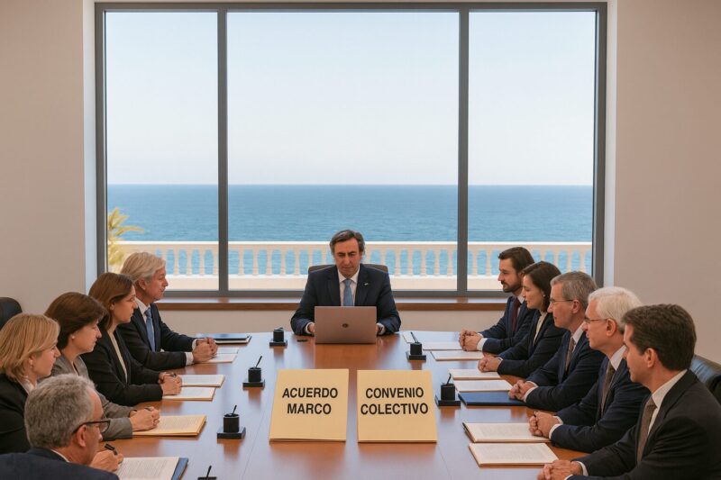 Reunión institucional en la Diputación de Málaga con responsables sentados alrededor de una mesa y carpetas de Acuerdo Marco, Convenio Colectivo y Teletrabajo.