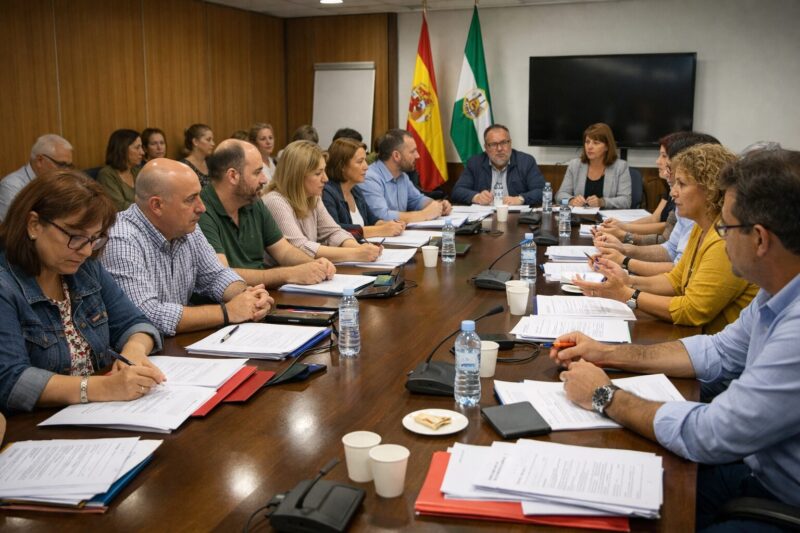 Mesa general de negociación del empleo público con documentación y representantes reunidos.