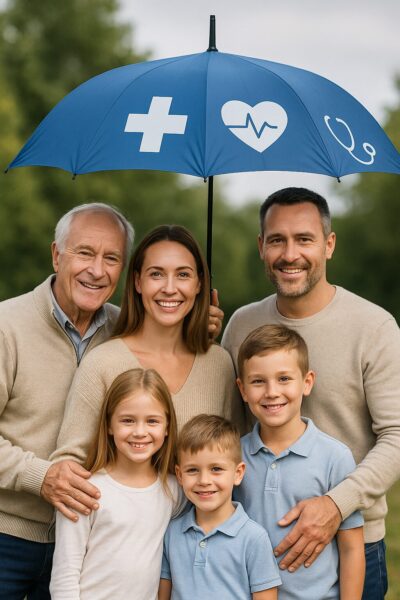 Familia con personas mayores y niños protegida bajo un paraguas azul con símbolos médicos, representando la seguridad de contar con un seguro de salud.