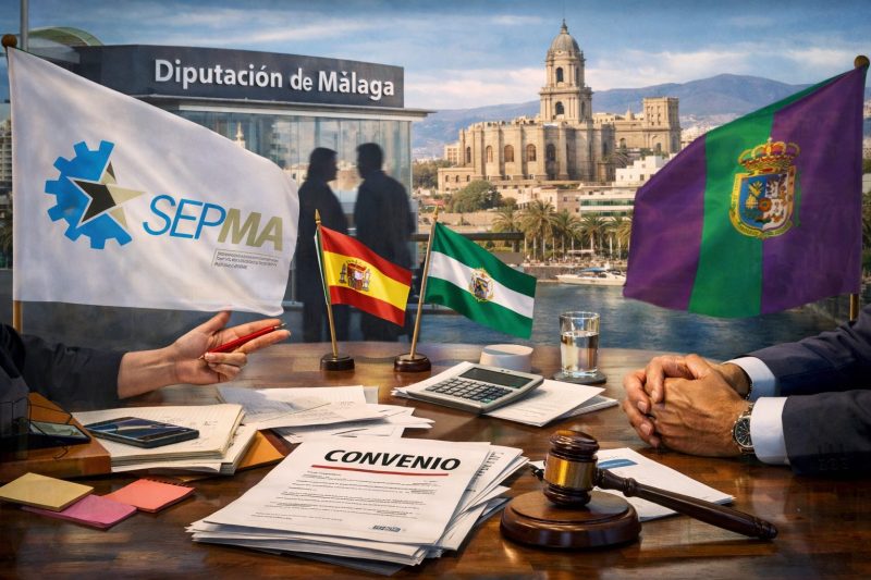 Negociación del Acuerdo Marco y Convenio Colectivo en la Diputación de Málaga, con banderas de SEPMA y Málaga sobre una mesa de trabajo
