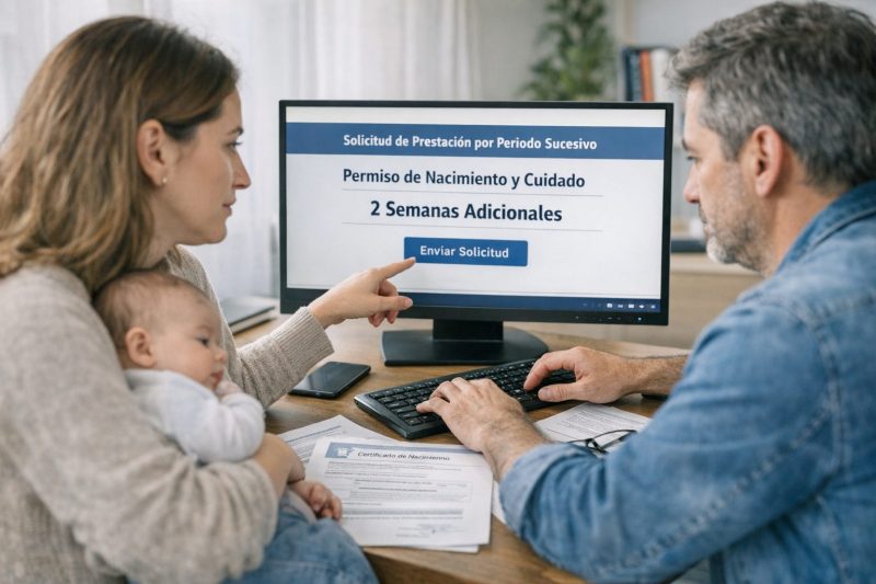Padres con un bebé tramitando online la solicitud de las 2 semanas adicionales del permiso por nacimiento y cuidado (INSS).