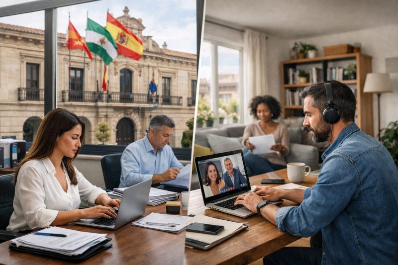 Teletrabajo en la administración local: escena realista de modelo híbrido entre oficina municipal y trabajo remoto en casa.
