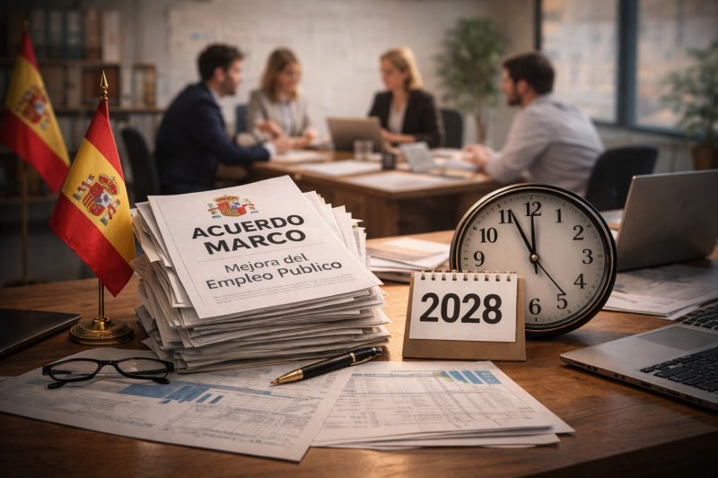 Reunión de profesionales de la administración pública analizando el Acuerdo Marco de empleo público.