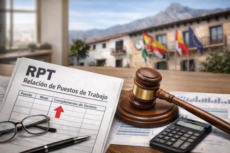 Mesa con documentación administrativa y símbolos jurídicos frente al Ayuntamiento de Marbella, relacionada con la actualización del complemento de destino del personal municipal.