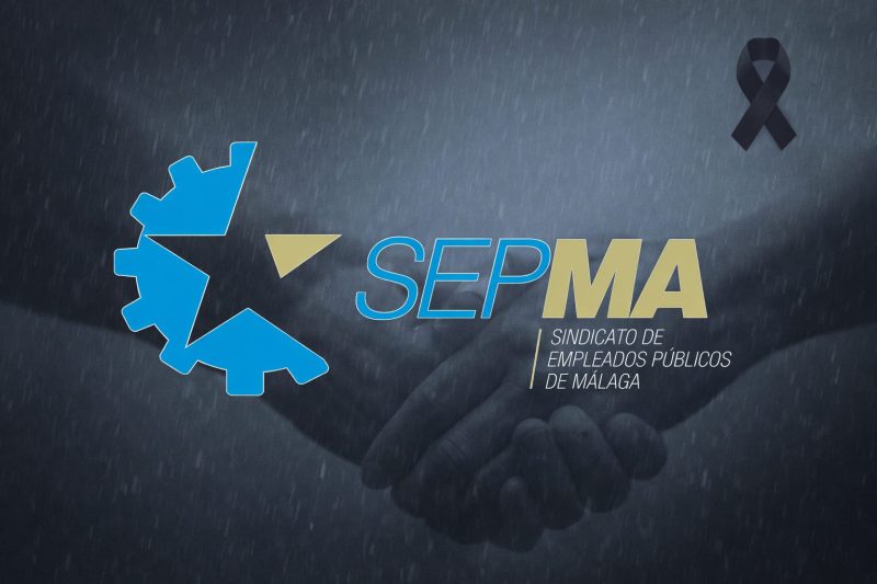 Logo de SEPMA sobre fondo de manos unidas bajo la lluvia, con lazo negro de luto y mensaje visual de solidaridad tras la borrasca en Andalucía