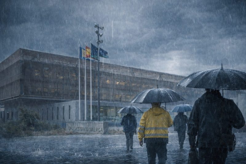 Personas con paraguas bajo lluvia intensa frente a la Diputación Provincial de Málaga durante la alerta meteorológica.