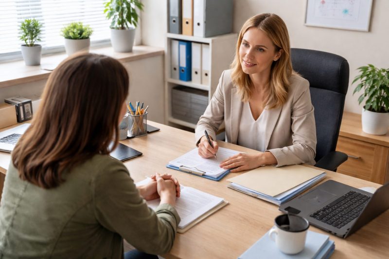 Despacho profesional de Servicios Sociales con trabajadora social entrevistando a usuaria en un ayuntamiento de Málaga.