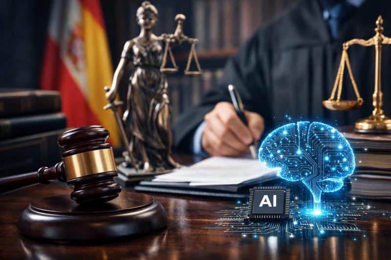 Juez firmando y símbolo de IA (cerebro digital) en un despacho: límites del CGPJ al uso de inteligencia artificial en la Justicia (SEPMA Málaga)”
