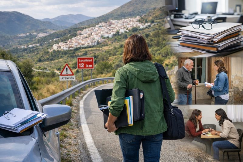 “Profesional de Servicios Sociales Comunitarios de la Diputación de Málaga desplazándose a municipios rurales con portátil y expedientes para atender a la ciudadanía”