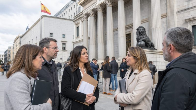 Personas interinas y empleadas públicas conversan ante el Congreso de los Diputados, tras la sentencia Obadal del TJUE sobre abuso de temporalidad.
