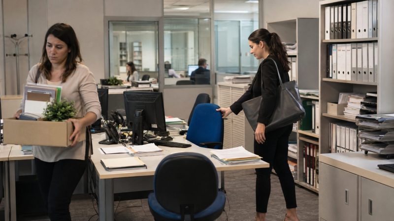 Imagen realista de una oficina pública donde una trabajadora interina recoge sus pertenencias mientras otra persona ocupa el mismo puesto, crítica de SEPMA al cese en cadena de interinos en el empleo público.