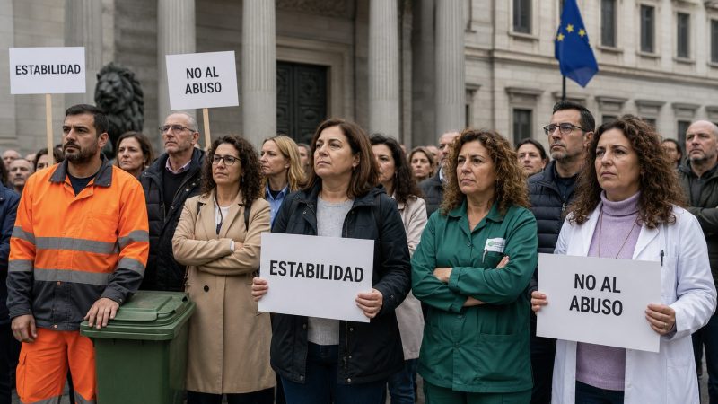 representacion grafica de personal empleado público en una concentración reivindicativa por la estabilidad laboral y contra el abuso de temporalidad en el sector público