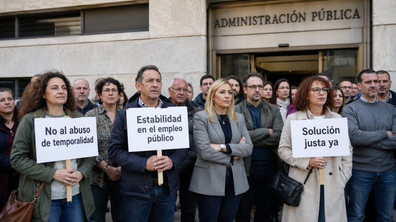Manifestación ilustrada por la estabilidad en el empleo público, con personal temporal reclamando justicia frente al abuso de temporalidad en la Administración Pública.
