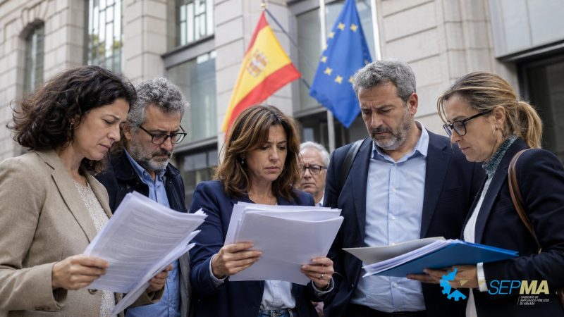 Empleados públicos revisan documentación sobre abuso de temporalidad en el empleo público ante una sede institucional con banderas de España y la Unión Europea, imagen de SEPMA sindicato de empleados públicos de Málaga.