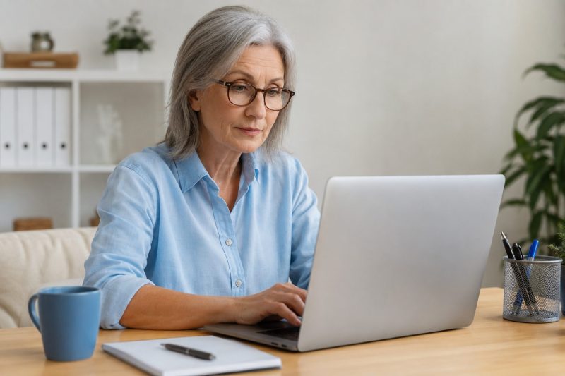 Trabajadora pública consulta información sobre jubilación parcial del personal laboral del IV Convenio Único AGE en un ordenador.