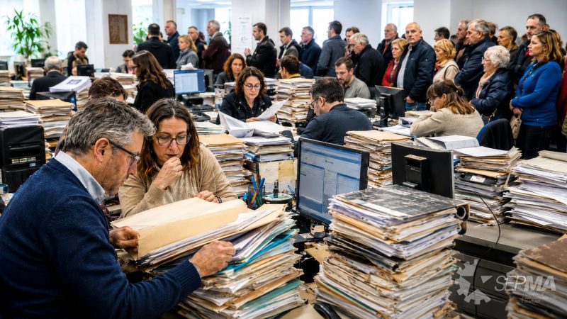 Oficina de administración local saturada de expedientes y ciudadanía esperando atención en defensa de plantillas públicas actualizadas en Málaga.