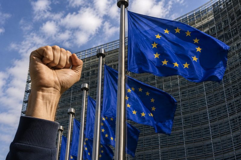 Puño reivindicativo ante banderas de la Unión Europea en una noticia de SEPMA contra la prórroga a España por el abuso de temporalidad en el empleo público