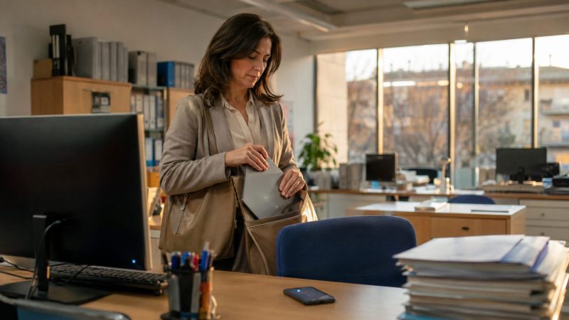 Empleada pública guardando una tablet al finalizar la jornada laboral como ejemplo de desconexión digital en el empleo público