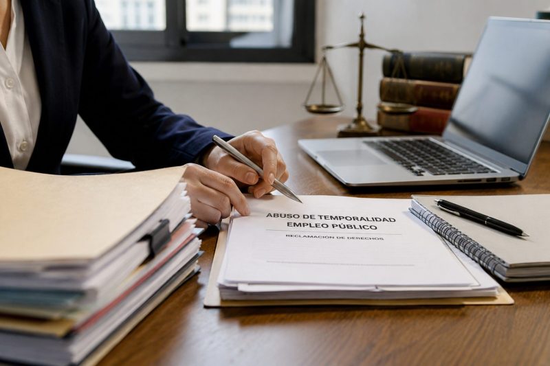 Imagen ilustrada sobre el abuso de temporalidad en el empleo público, con una persona empleada pública reclamando empleo estable ante un tribunal y el logo de SEPMA.
