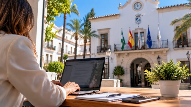 Empleada pública trabajando con un ordenador portátil en una escena ilustrativa del teletrabajo impulsado por SEPMA en el Ayuntamiento de Estepona.