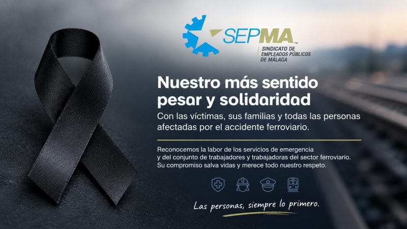 Imagen de condolencias de SEPMA, Sindicato de Empleados Públicos de Málaga, con su logotipo y un lazo negro en solidaridad con las víctimas del accidente ferroviario.